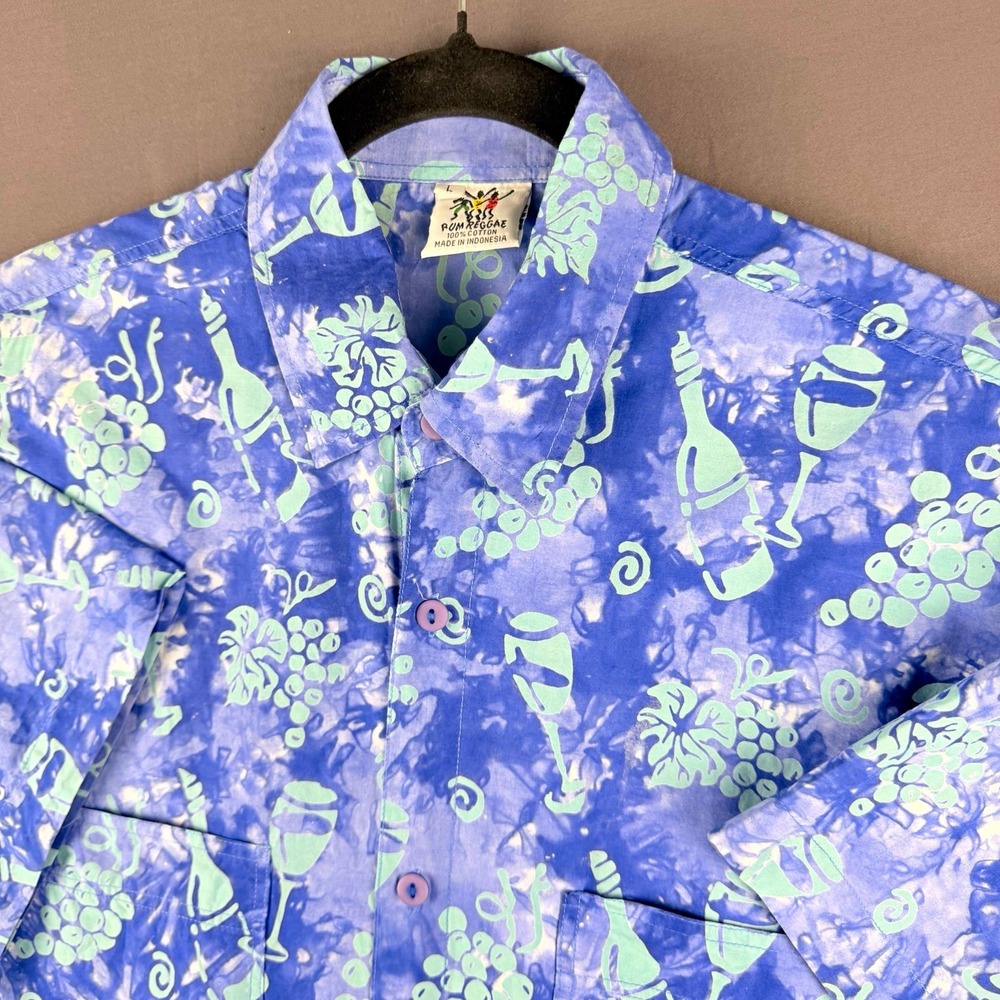 Rum Reggae Men's L Blue Green Graphic Print Cotton Woven Button-Up Shirt Pockets